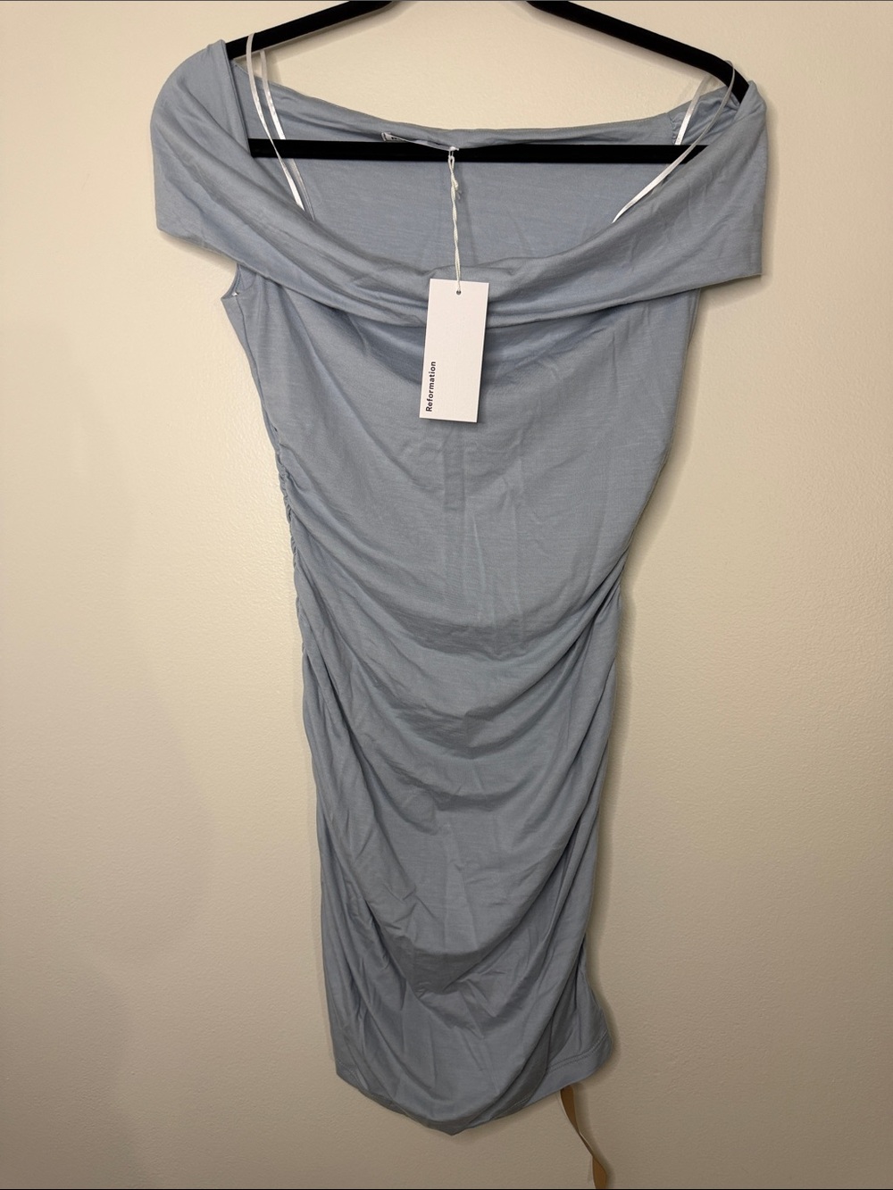 Reformation NWT Raydon Knit Dress Mineral Light Blue Mini Off the Shoulder XS - Picture 4 of 11